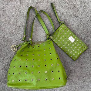 Michael Kors Purse Lot Lime Green Leather Gold Rivet Stud Tote Wristlet Set of 2